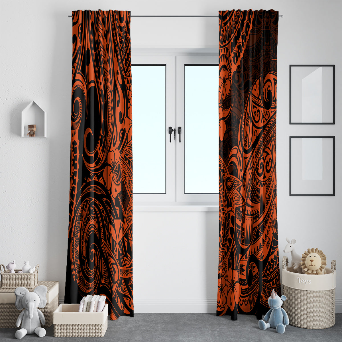 Hawaii Shark Window Curtain Polynesian Pattern Orange Version - Wonder Print Shop