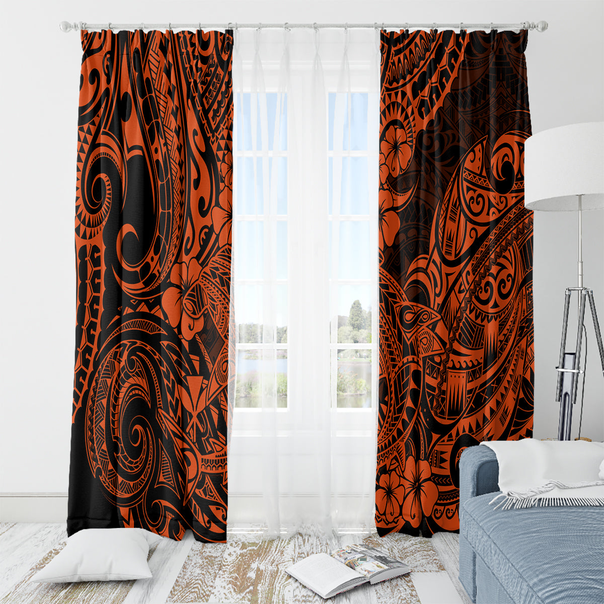 Hawaii Shark Window Curtain Polynesian Pattern Orange Version - Wonder Print Shop