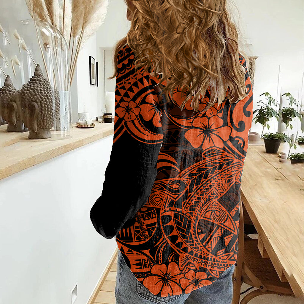Hawaii Shark Women Casual Shirt Polynesian Pattern Orange Version - Wonder Print Shop