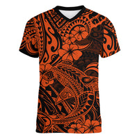 Hawaii Shark Women V Neck T Shirt Polynesian Pattern Orange Version - Wonder Print Shop