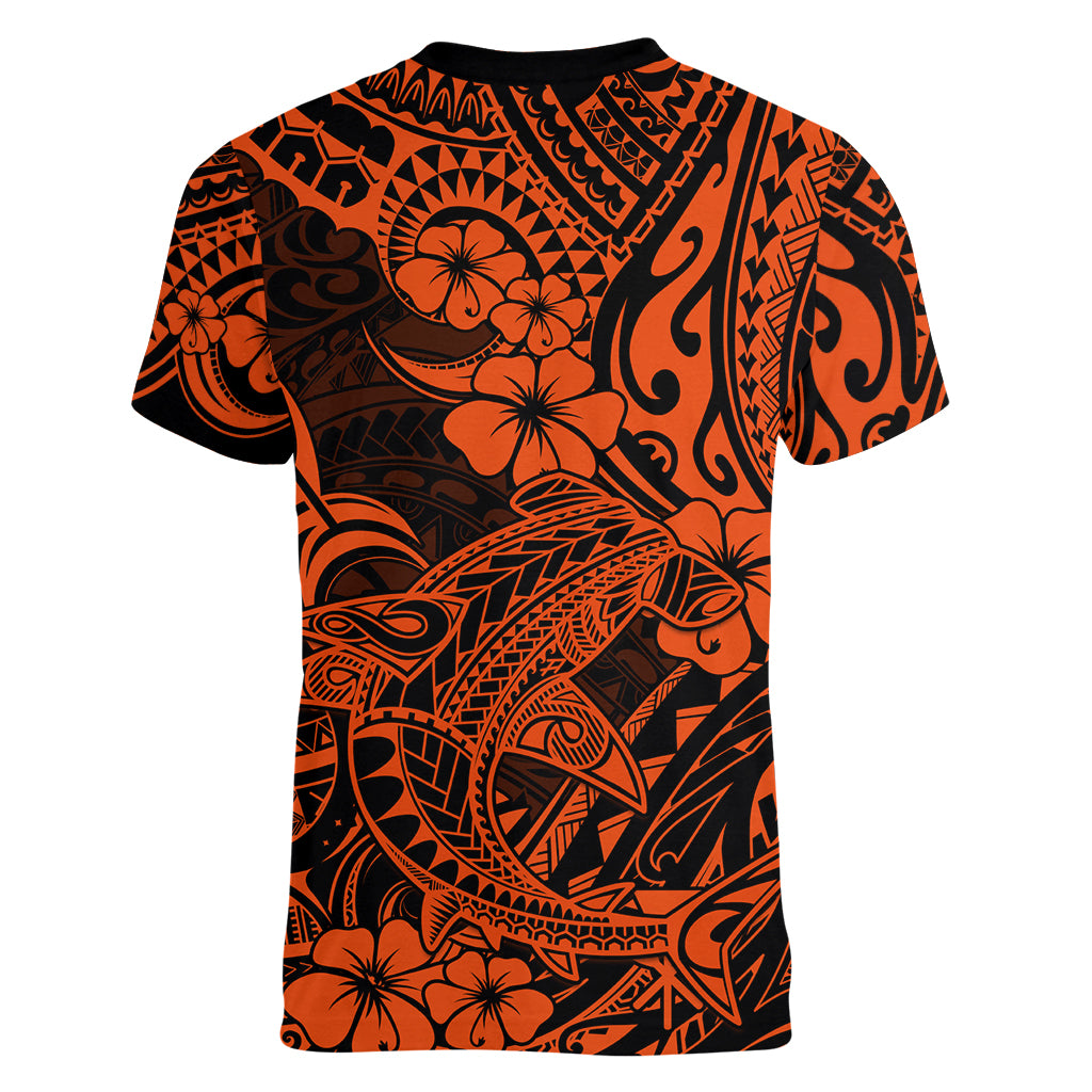 Hawaii Shark Women V Neck T Shirt Polynesian Pattern Orange Version - Wonder Print Shop