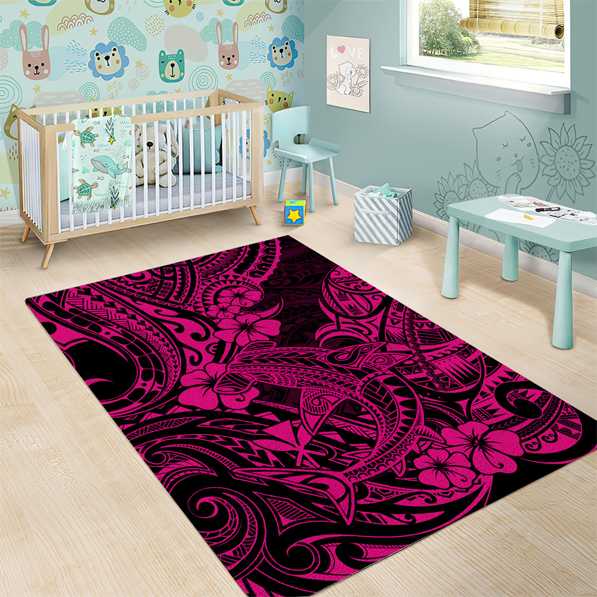 Hawaii Shark Area Rug Polynesian Pattern Pink Version - Wonder Print Shop