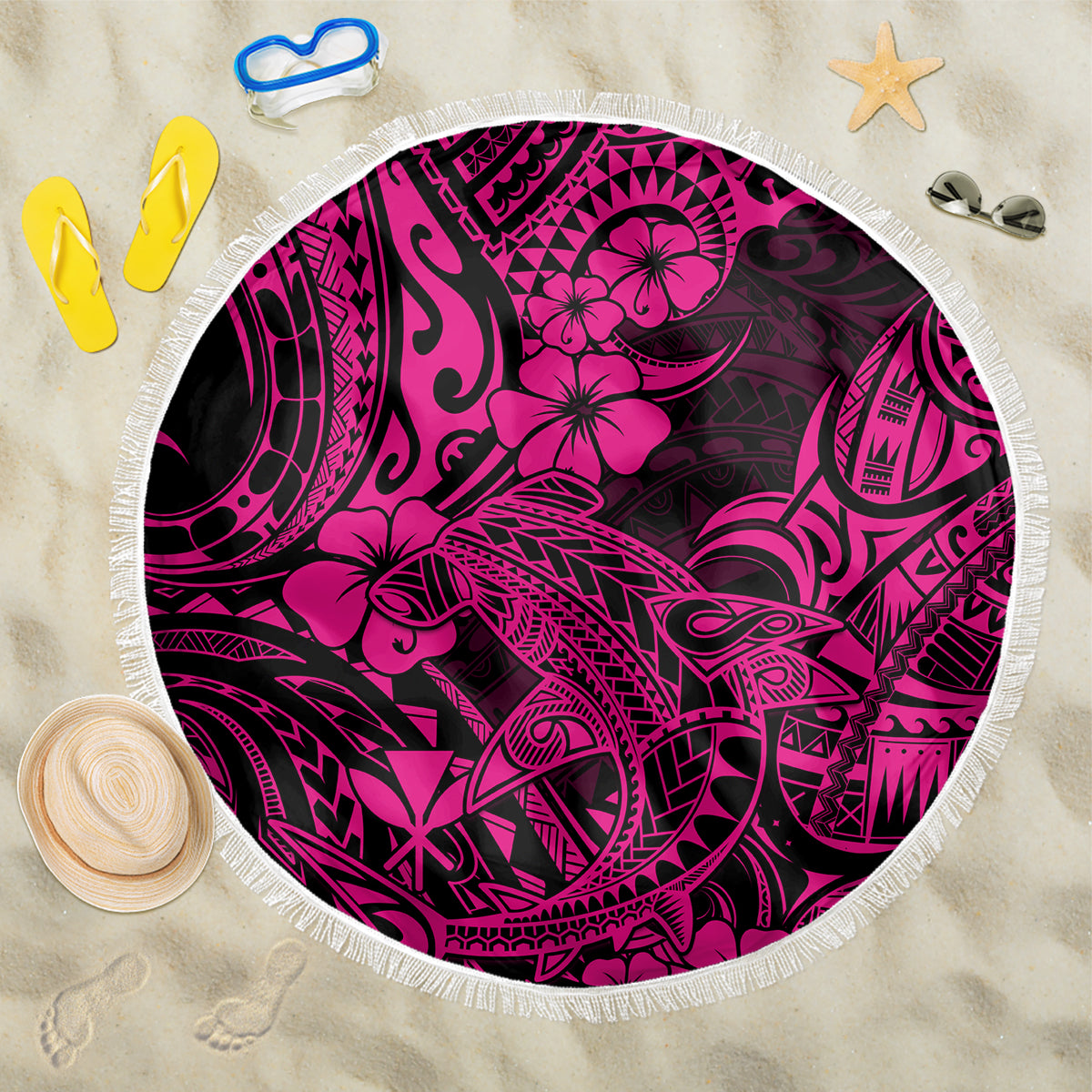 Hawaii Shark Beach Blanket Polynesian Pattern Pink Version - Wonder Print Shop