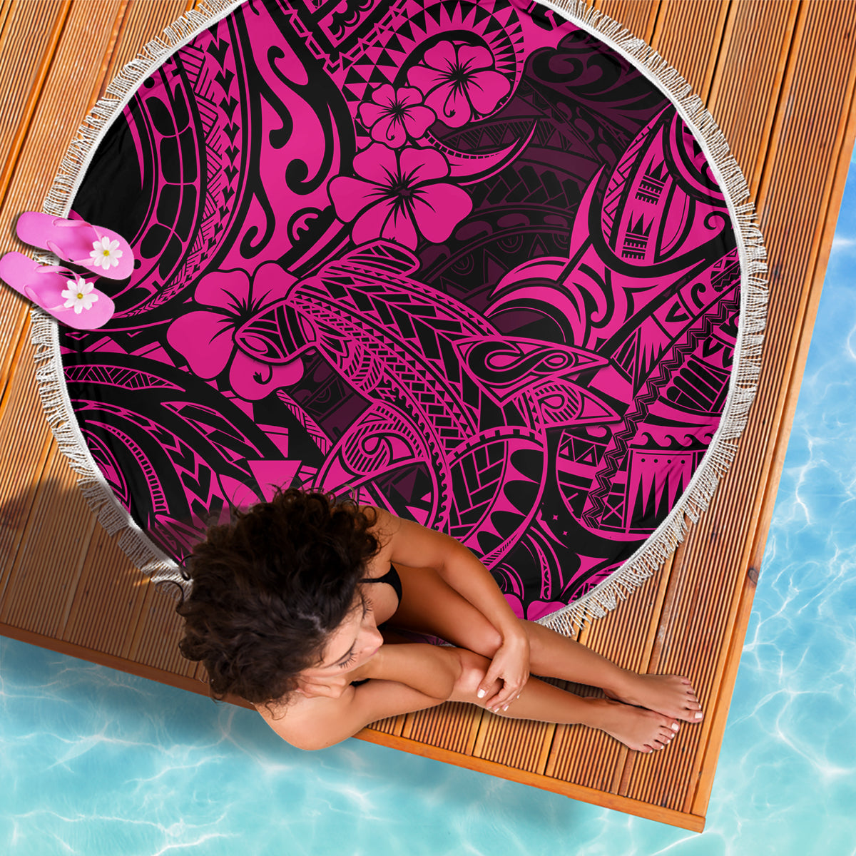 Hawaii Shark Beach Blanket Polynesian Pattern Pink Version - Wonder Print Shop