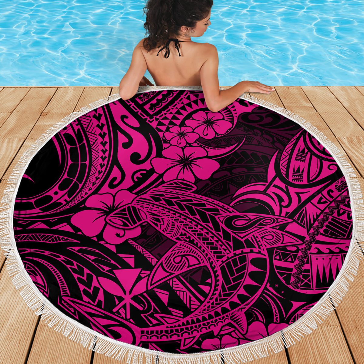 Hawaii Shark Beach Blanket Polynesian Pattern Pink Version - Wonder Print Shop