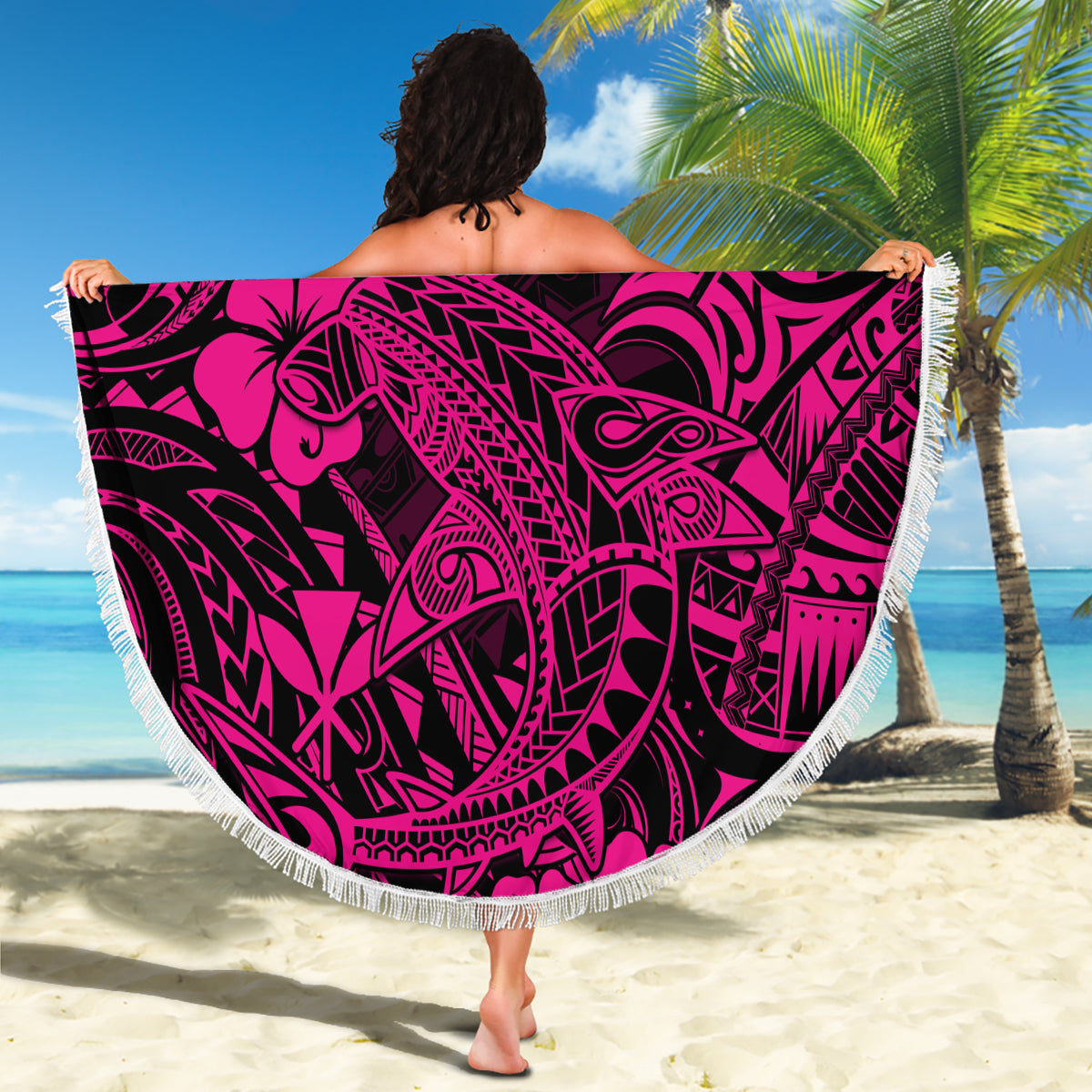 Hawaii Shark Beach Blanket Polynesian Pattern Pink Version - Wonder Print Shop