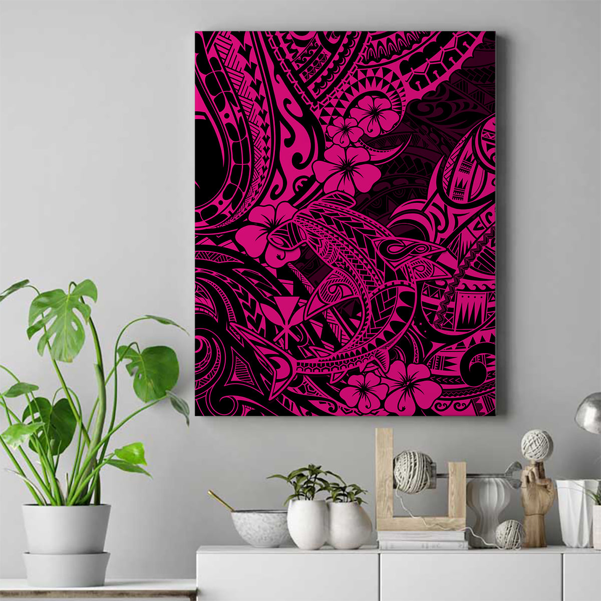 Hawaii Shark Canvas Wall Art Polynesian Pattern Pink Version - Wonder Print Shop