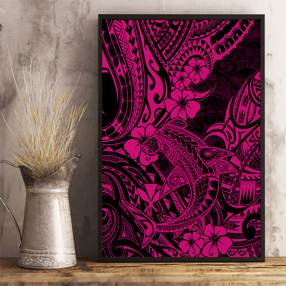 Hawaii Shark Canvas Wall Art Polynesian Pattern Pink Version - Wonder Print Shop