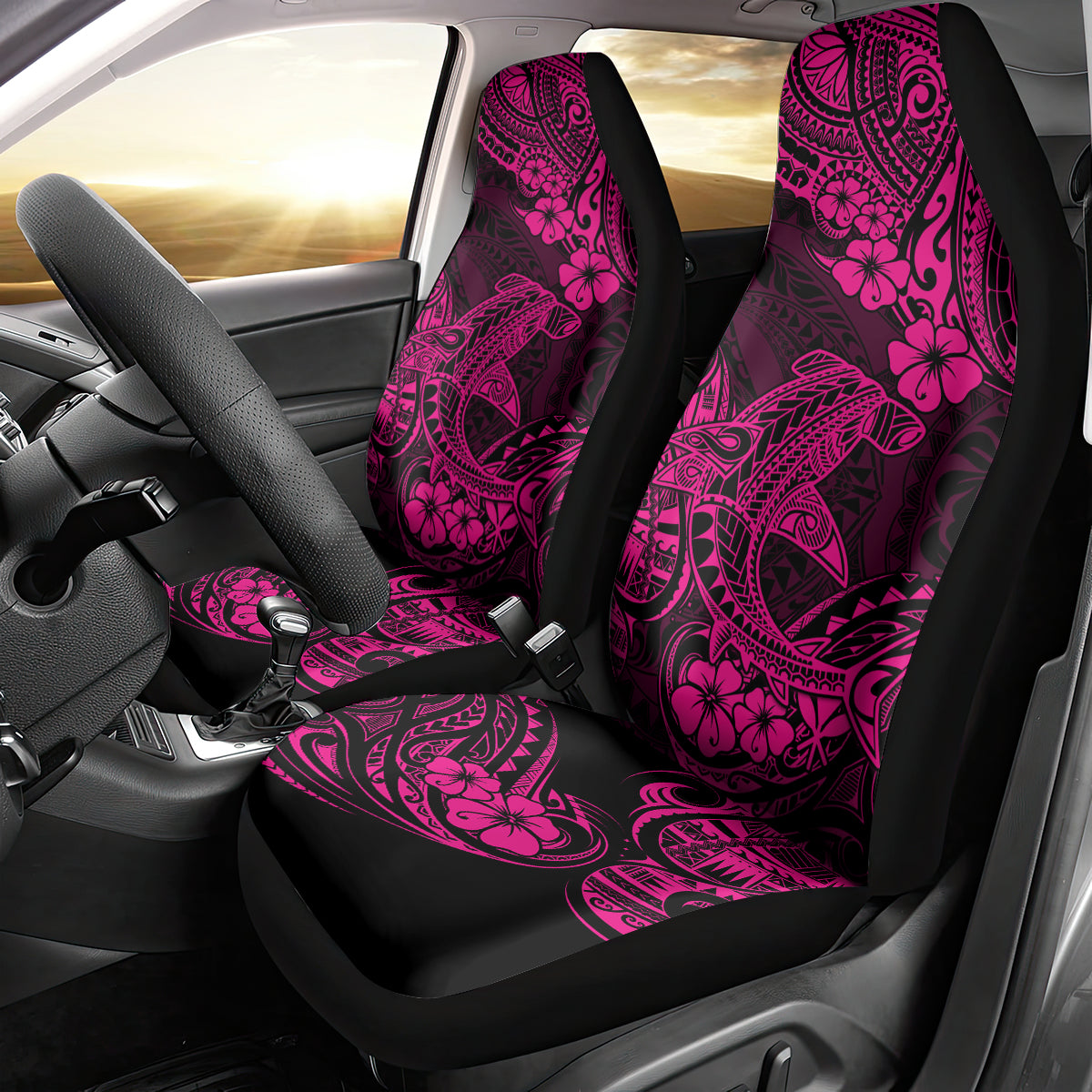 Hawaii Shark Car Seat Cover Polynesian Pattern Pink Version - Wonder Print Shop