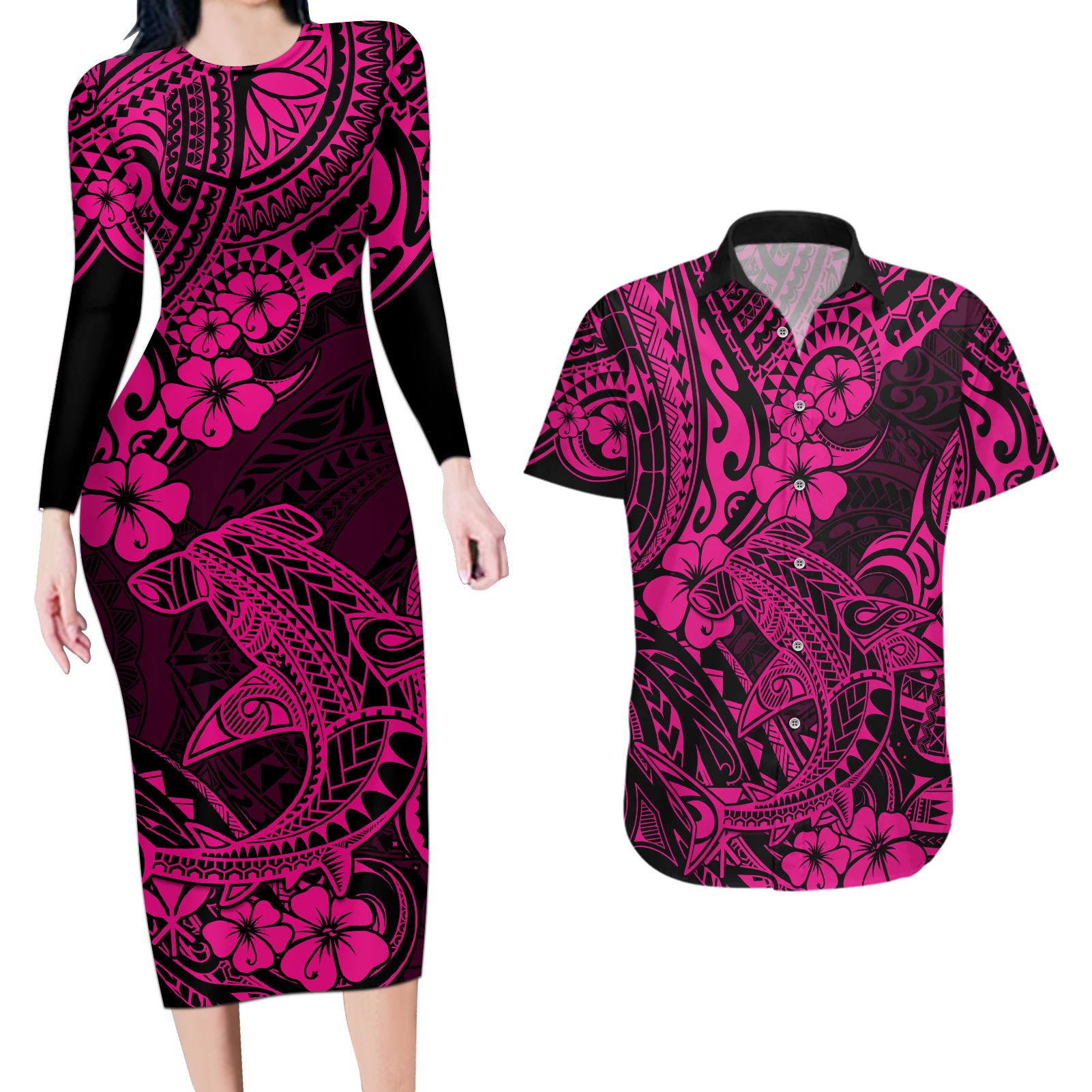 Hawaii Shark Couples Matching Long Sleeve Bodycon Dress and Hawaiian Shirt Polynesian Pattern Pink Version - Wonder Print Shop
