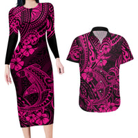 Hawaii Shark Couples Matching Long Sleeve Bodycon Dress and Hawaiian Shirt Polynesian Pattern Pink Version - Wonder Print Shop