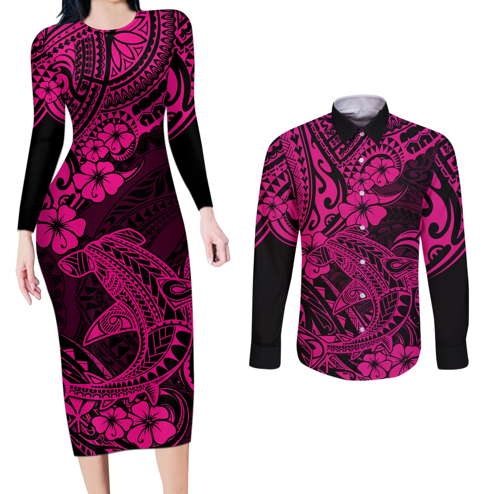 Hawaii Shark Couples Matching Long Sleeve Bodycon Dress and Long Sleeve Button Shirts Polynesian Pattern Pink Version - Wonder Print Shop