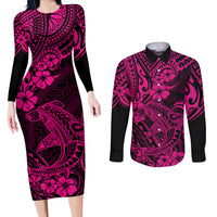 Hawaii Shark Couples Matching Long Sleeve Bodycon Dress and Long Sleeve Button Shirts Polynesian Pattern Pink Version - Wonder Print Shop