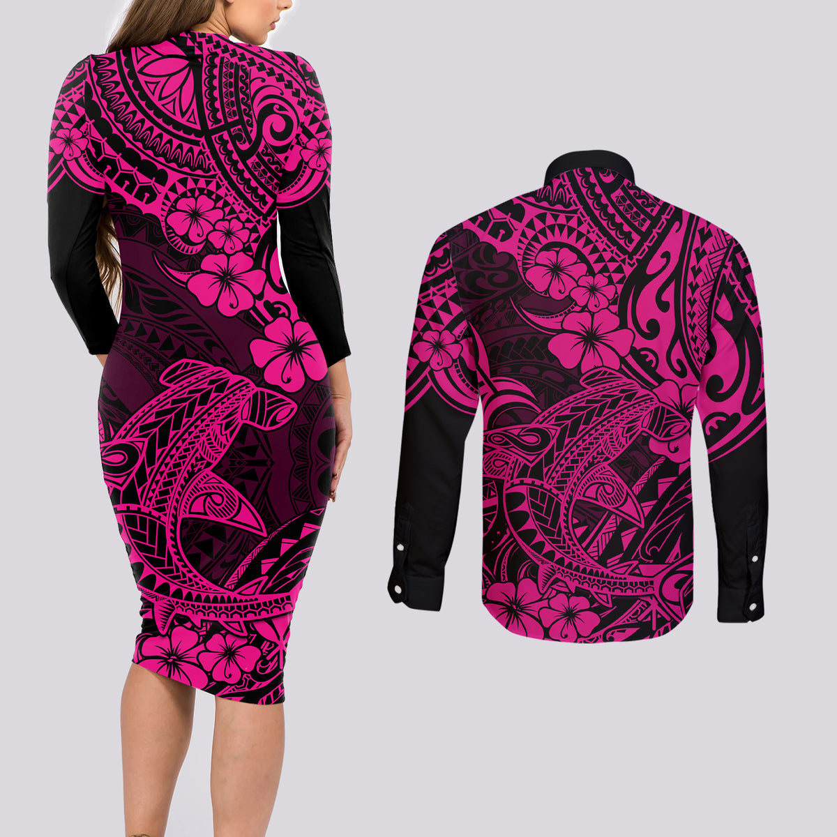 Hawaii Shark Couples Matching Long Sleeve Bodycon Dress and Long Sleeve Button Shirts Polynesian Pattern Pink Version - Wonder Print Shop