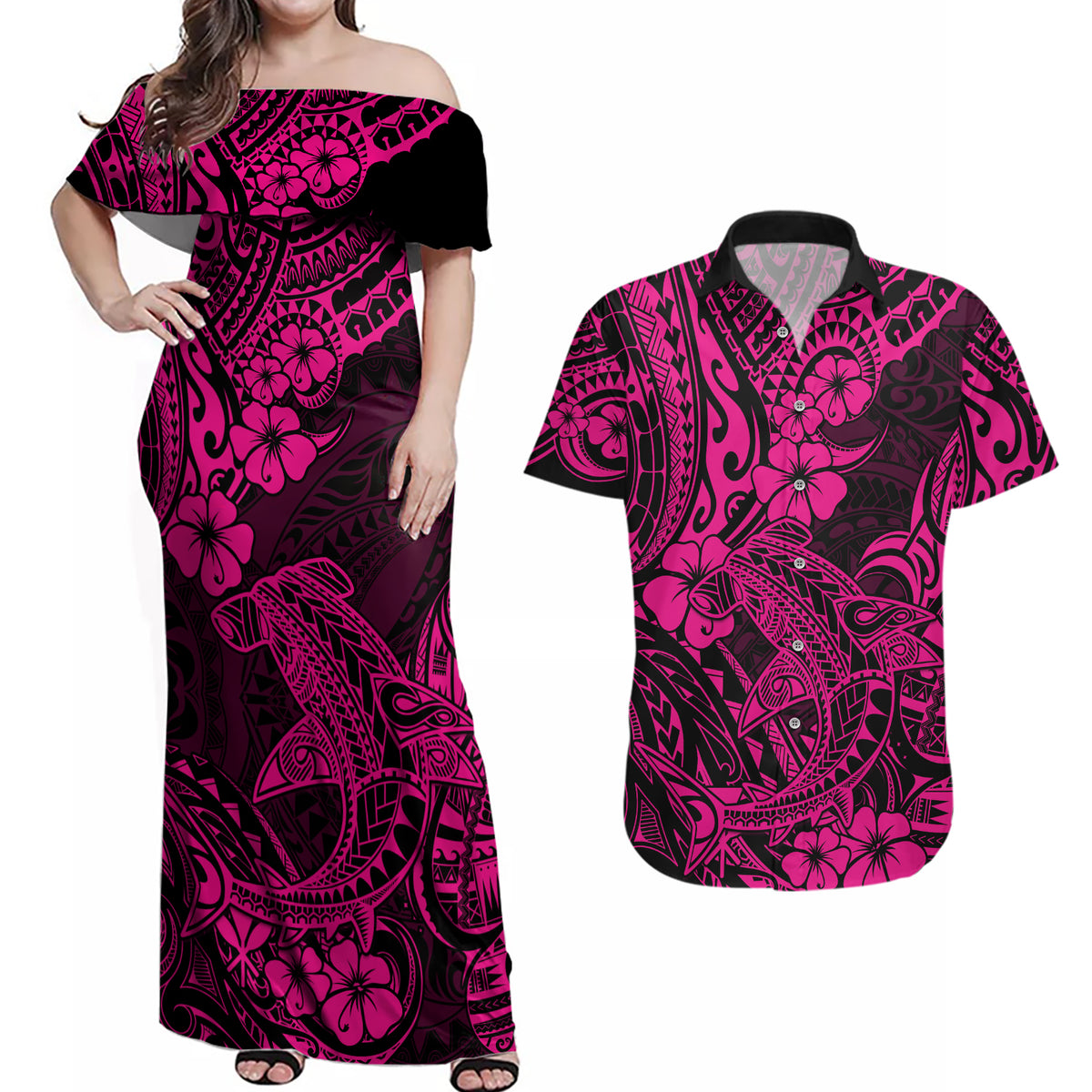 Hawaii Shark Couples Matching Off Shoulder Maxi Dress and Hawaiian Shirt Polynesian Pattern Pink Version - Wonder Print Shop