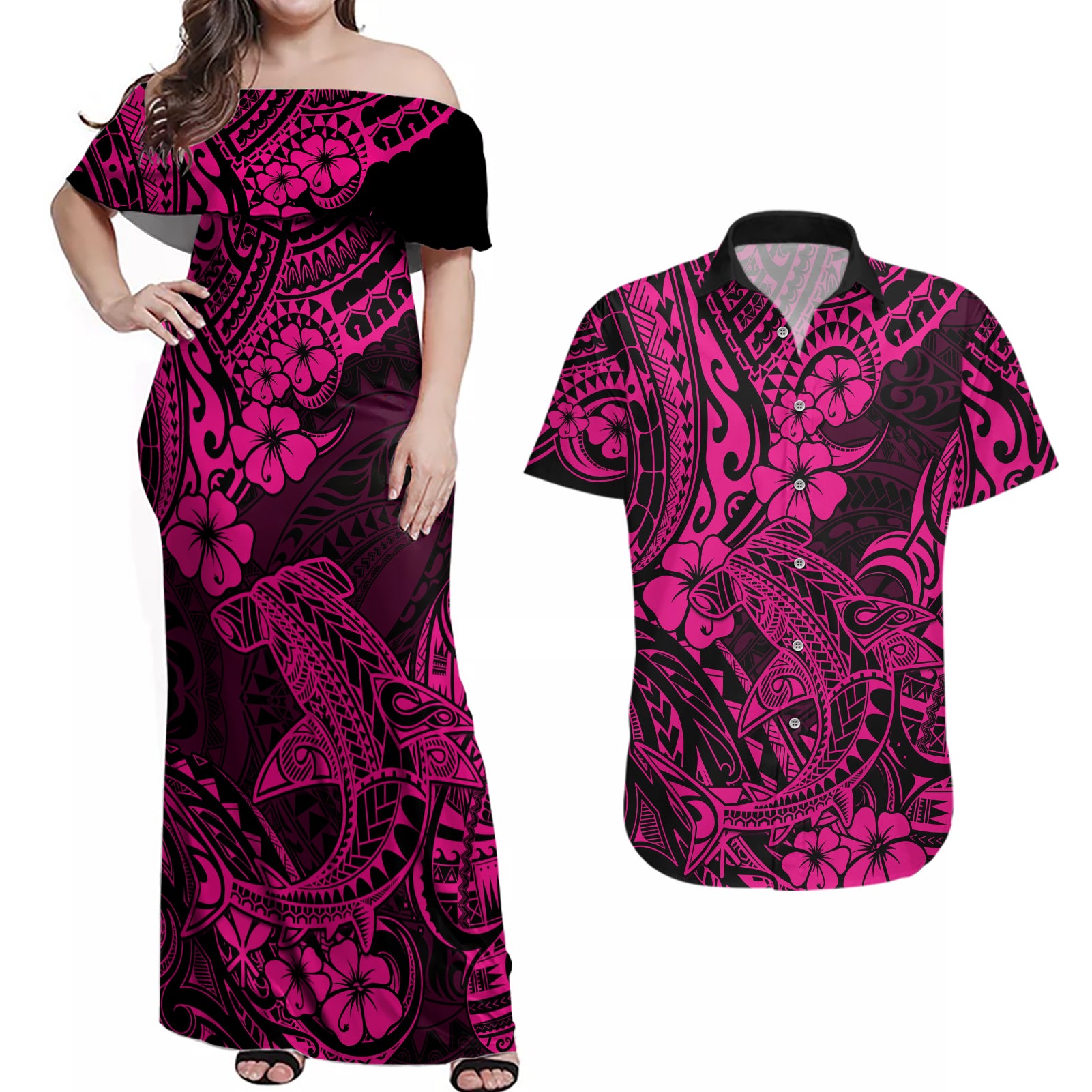 Hawaii Shark Couples Matching Off Shoulder Maxi Dress and Hawaiian Shirt Polynesian Pattern Pink Version - Wonder Print Shop