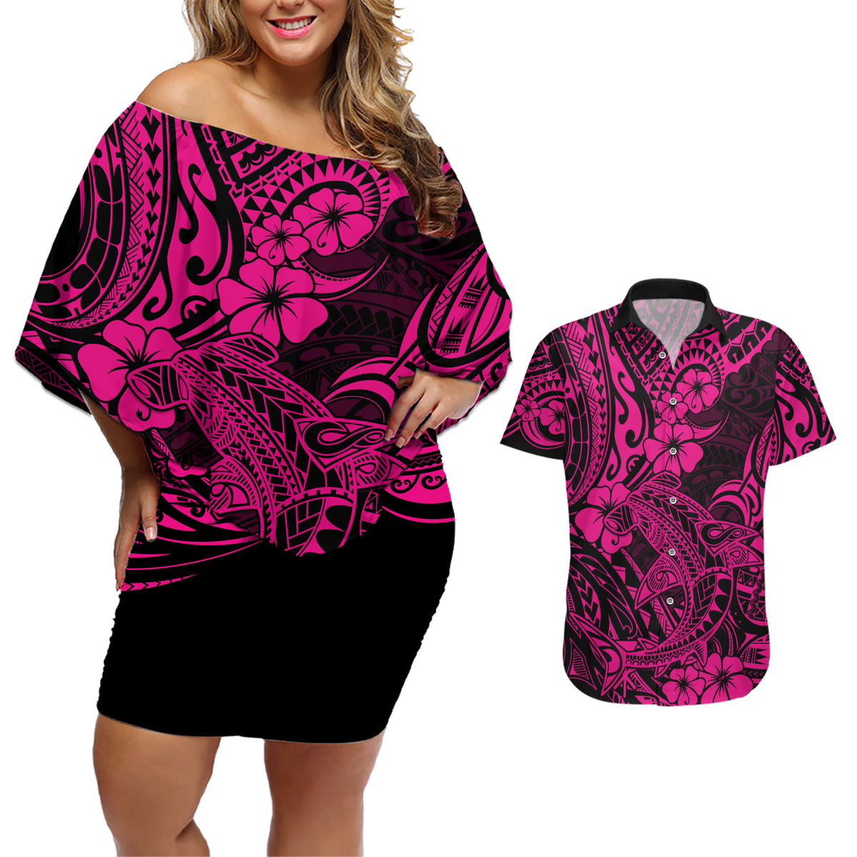 Hawaii Shark Couples Matching Off Shoulder Short Dress and Hawaiian Shirt Polynesian Pattern Pink Version - Wonder Print Shop