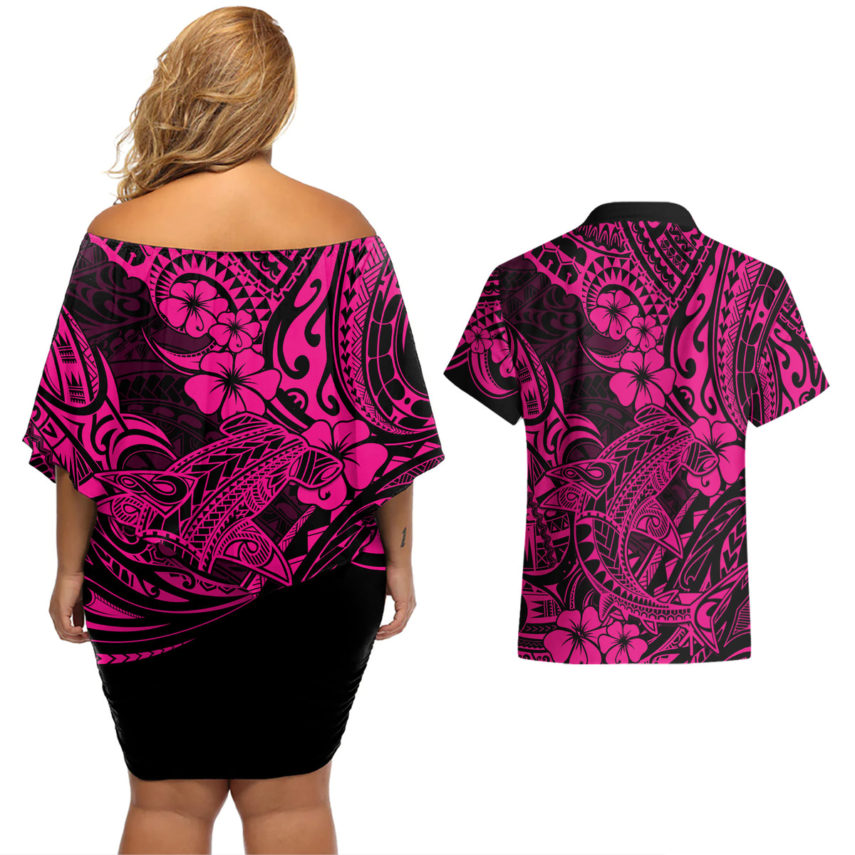 Hawaii Shark Couples Matching Off Shoulder Short Dress and Hawaiian Shirt Polynesian Pattern Pink Version - Wonder Print Shop