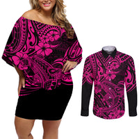 Hawaii Shark Couples Matching Off Shoulder Short Dress and Long Sleeve Button Shirts Polynesian Pattern Pink Version - Wonder Print Shop