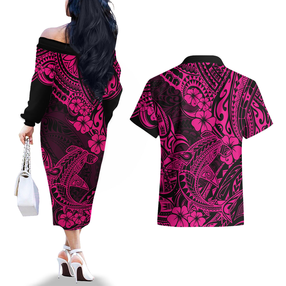 Hawaii Shark Couples Matching Off The Shoulder Long Sleeve Dress and Hawaiian Shirt Polynesian Pattern Pink Version - Wonder Print Shop