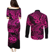 Hawaii Shark Couples Matching Puletasi Dress and Long Sleeve Button Shirts Polynesian Pattern Pink Version - Wonder Print Shop