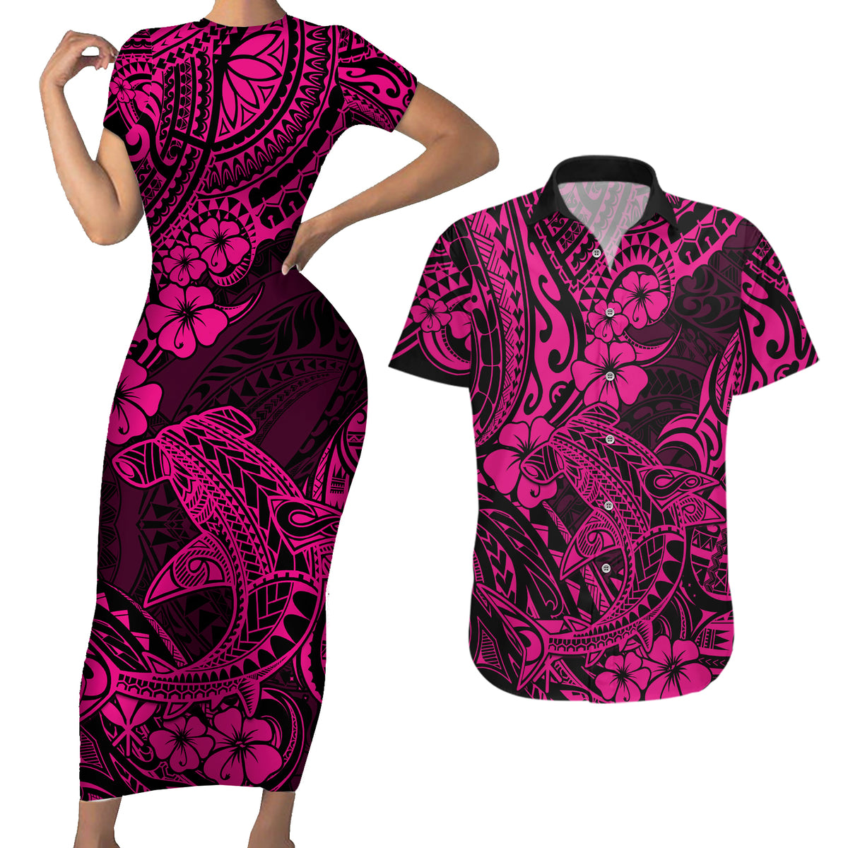 Hawaii Shark Couples Matching Short Sleeve Bodycon Dress and Hawaiian Shirt Polynesian Pattern Pink Version - Wonder Print Shop