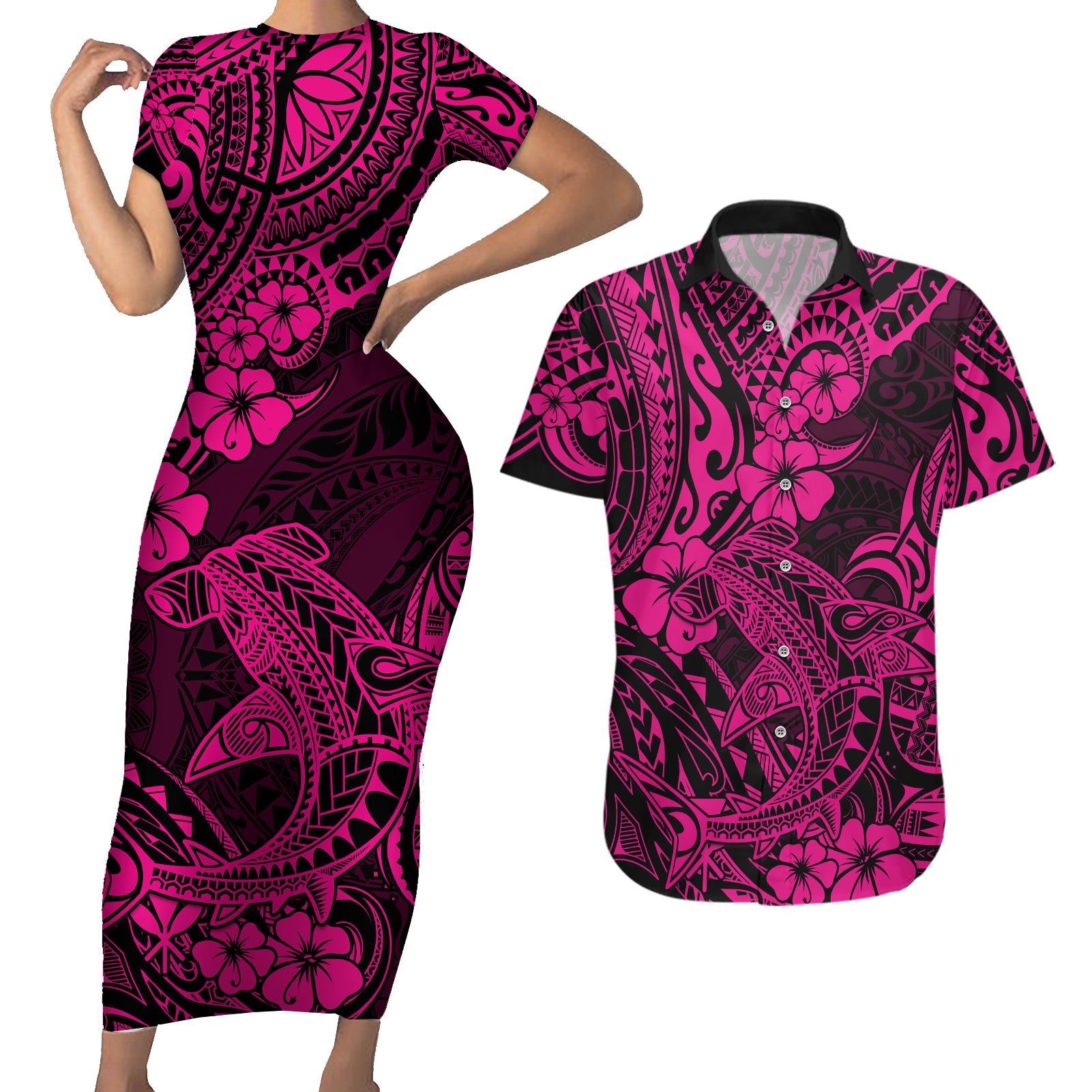 Hawaii Shark Couples Matching Short Sleeve Bodycon Dress and Hawaiian Shirt Polynesian Pattern Pink Version - Wonder Print Shop