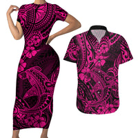 Hawaii Shark Couples Matching Short Sleeve Bodycon Dress and Hawaiian Shirt Polynesian Pattern Pink Version - Wonder Print Shop