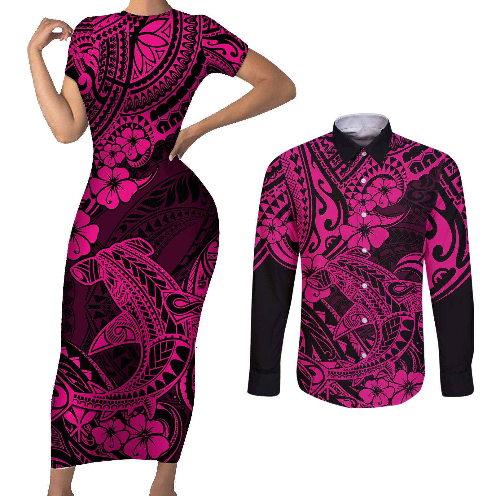 Hawaii Shark Couples Matching Short Sleeve Bodycon Dress and Long Sleeve Button Shirts Polynesian Pattern Pink Version - Wonder Print Shop