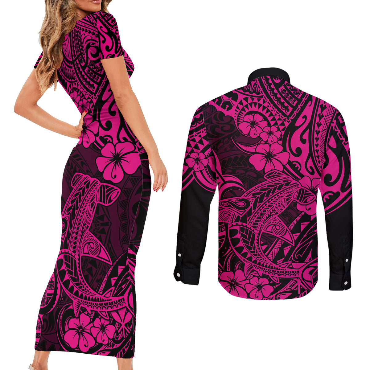 Hawaii Shark Couples Matching Short Sleeve Bodycon Dress and Long Sleeve Button Shirts Polynesian Pattern Pink Version - Wonder Print Shop