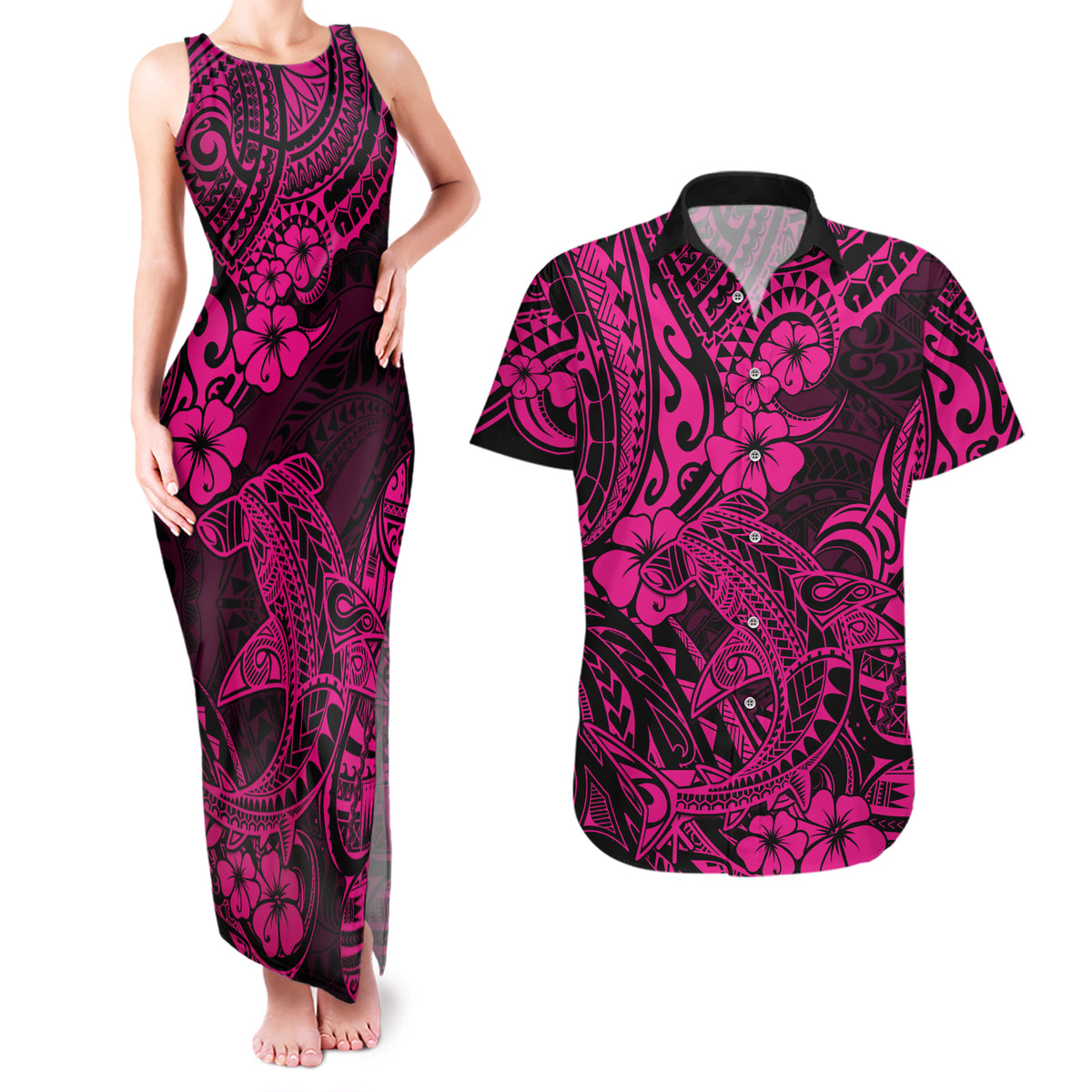 Hawaii Shark Couples Matching Tank Maxi Dress and Hawaiian Shirt Polynesian Pattern Pink Version - Wonder Print Shop