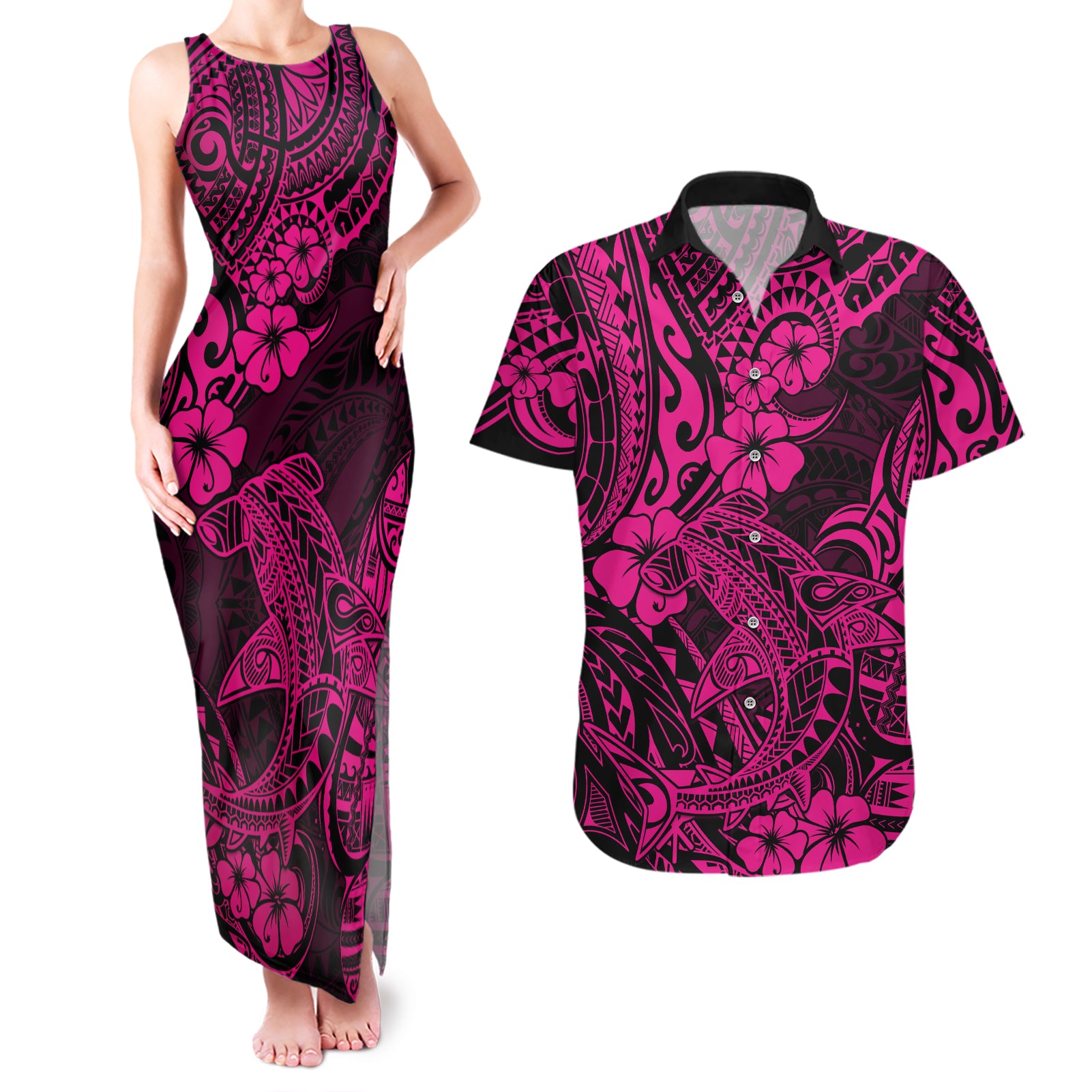 Hawaii Shark Couples Matching Tank Maxi Dress and Hawaiian Shirt Polynesian Pattern Pink Version - Wonder Print Shop