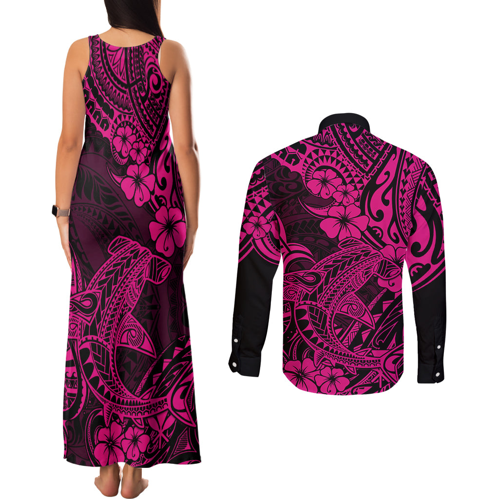 Hawaii Shark Couples Matching Tank Maxi Dress and Long Sleeve Button Shirts Polynesian Pattern Pink Version - Wonder Print Shop