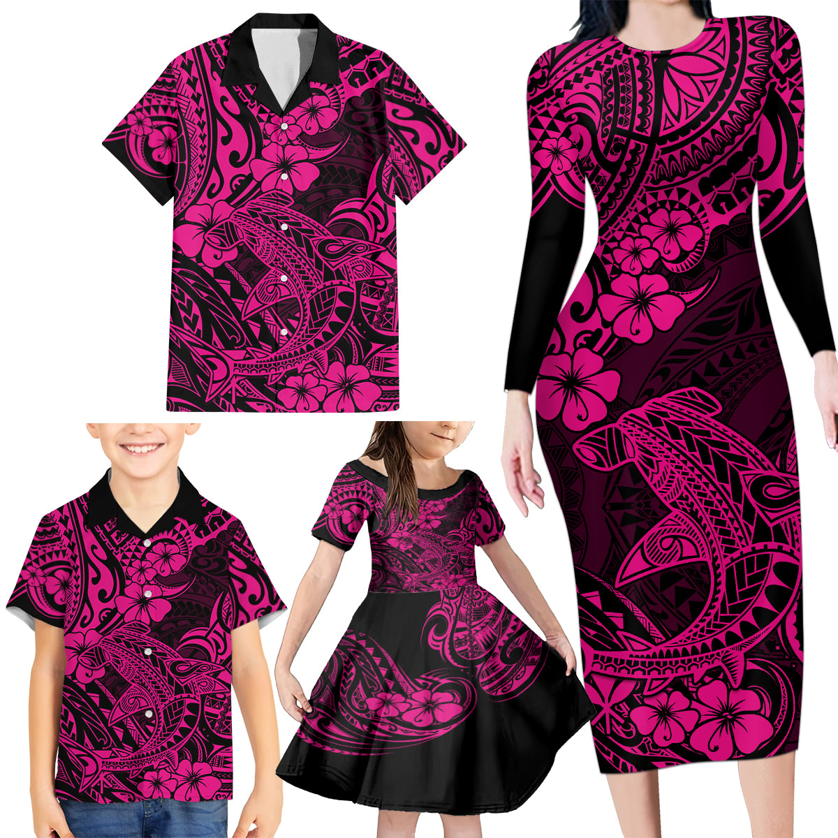 Hawaii Shark Family Matching Long Sleeve Bodycon Dress and Hawaiian Shirt Polynesian Pattern Pink Version - Wonder Print Shop
