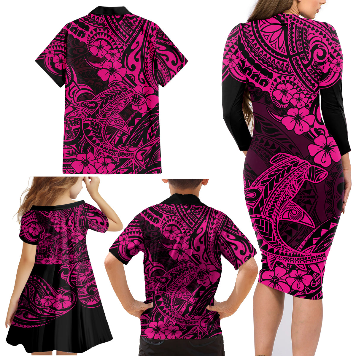 Hawaii Shark Family Matching Long Sleeve Bodycon Dress and Hawaiian Shirt Polynesian Pattern Pink Version - Wonder Print Shop