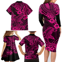 Hawaii Shark Family Matching Long Sleeve Bodycon Dress and Hawaiian Shirt Polynesian Pattern Pink Version - Wonder Print Shop
