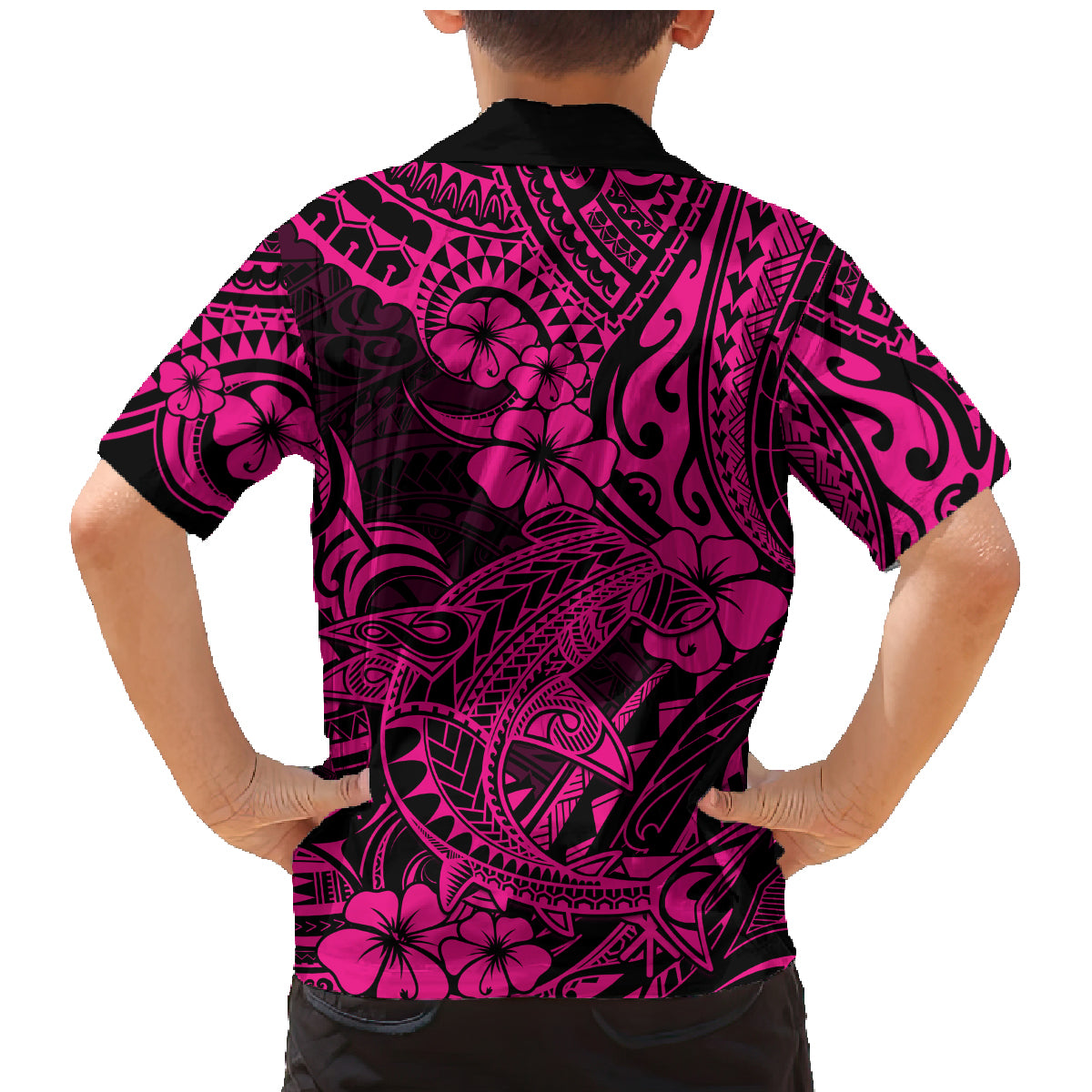 Hawaii Shark Family Matching Mermaid Dress and Hawaiian Shirt Polynesian Pattern Pink Version - Wonder Print Shop