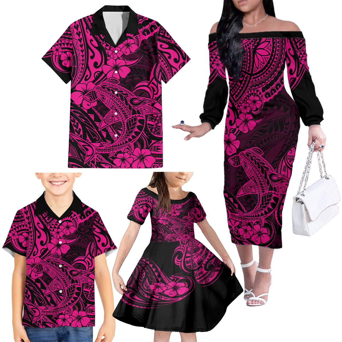 Hawaii Shark Family Matching Off Shoulder Long Sleeve Dress and Hawaiian Shirt Polynesian Pattern Pink Version - Wonder Print Shop