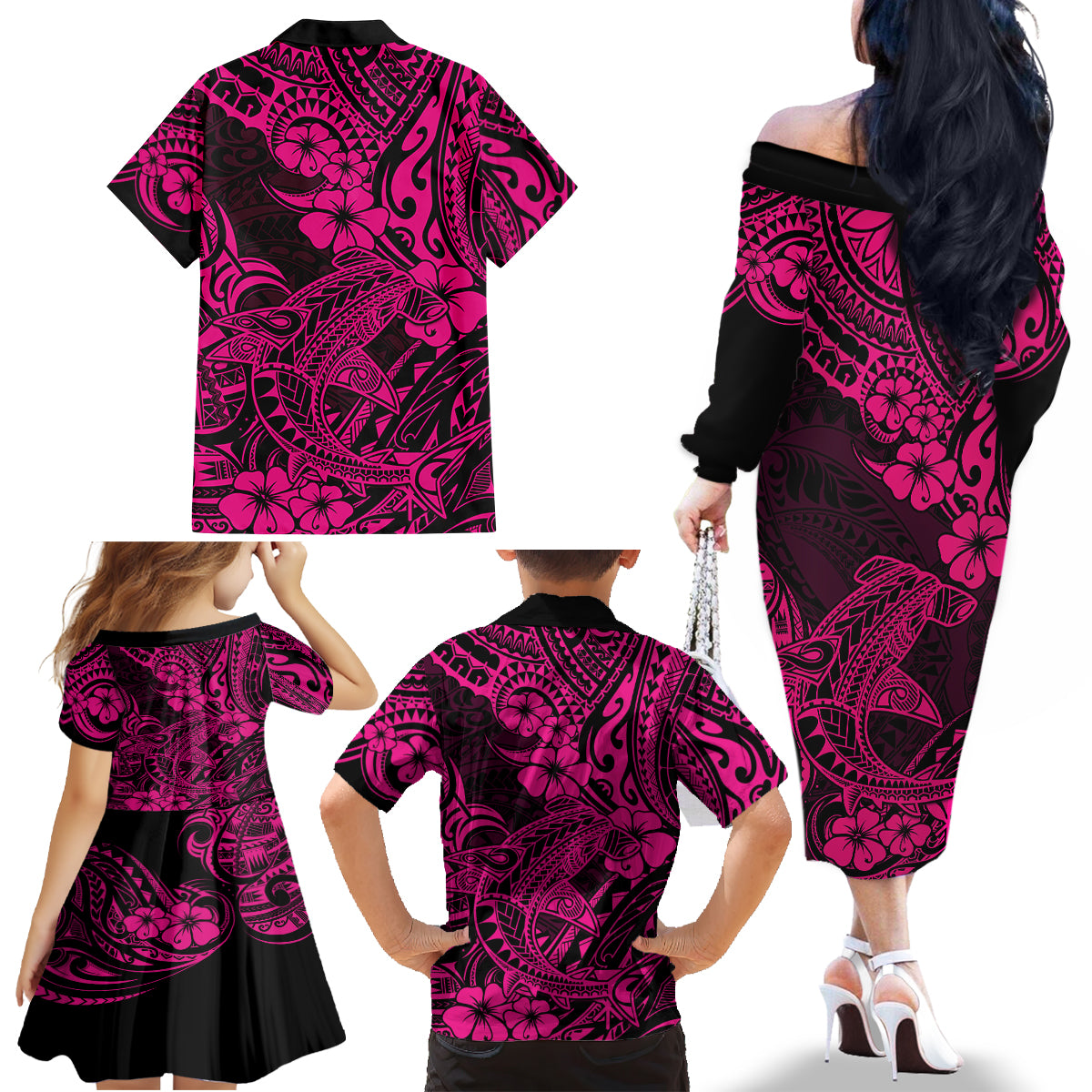 Hawaii Shark Family Matching Off Shoulder Long Sleeve Dress and Hawaiian Shirt Polynesian Pattern Pink Version - Wonder Print Shop