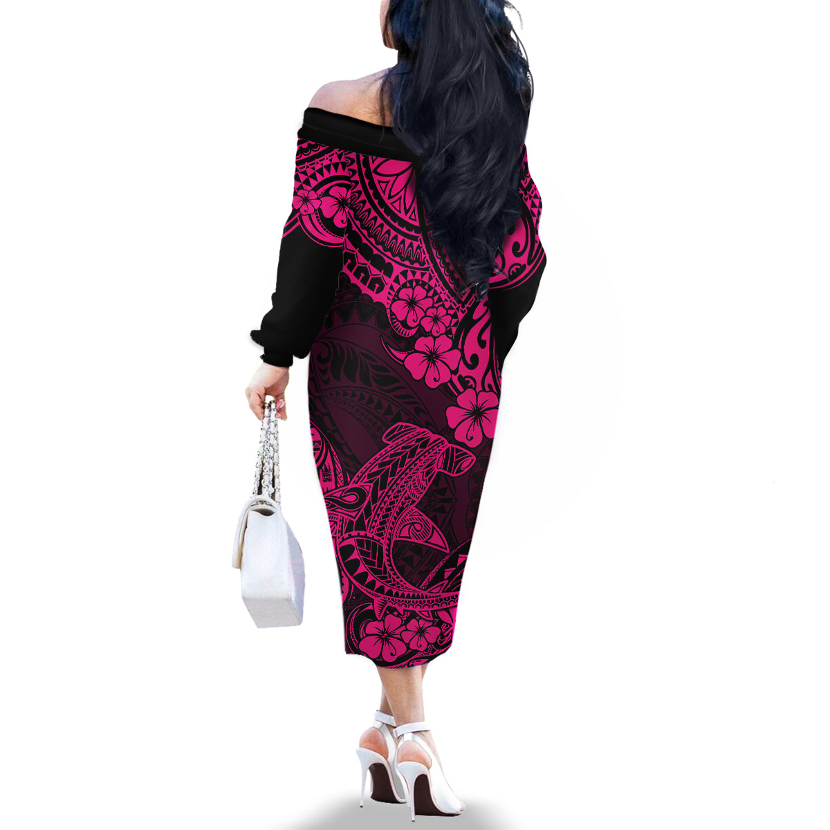 Hawaii Shark Family Matching Off Shoulder Long Sleeve Dress and Hawaiian Shirt Polynesian Pattern Pink Version - Wonder Print Shop