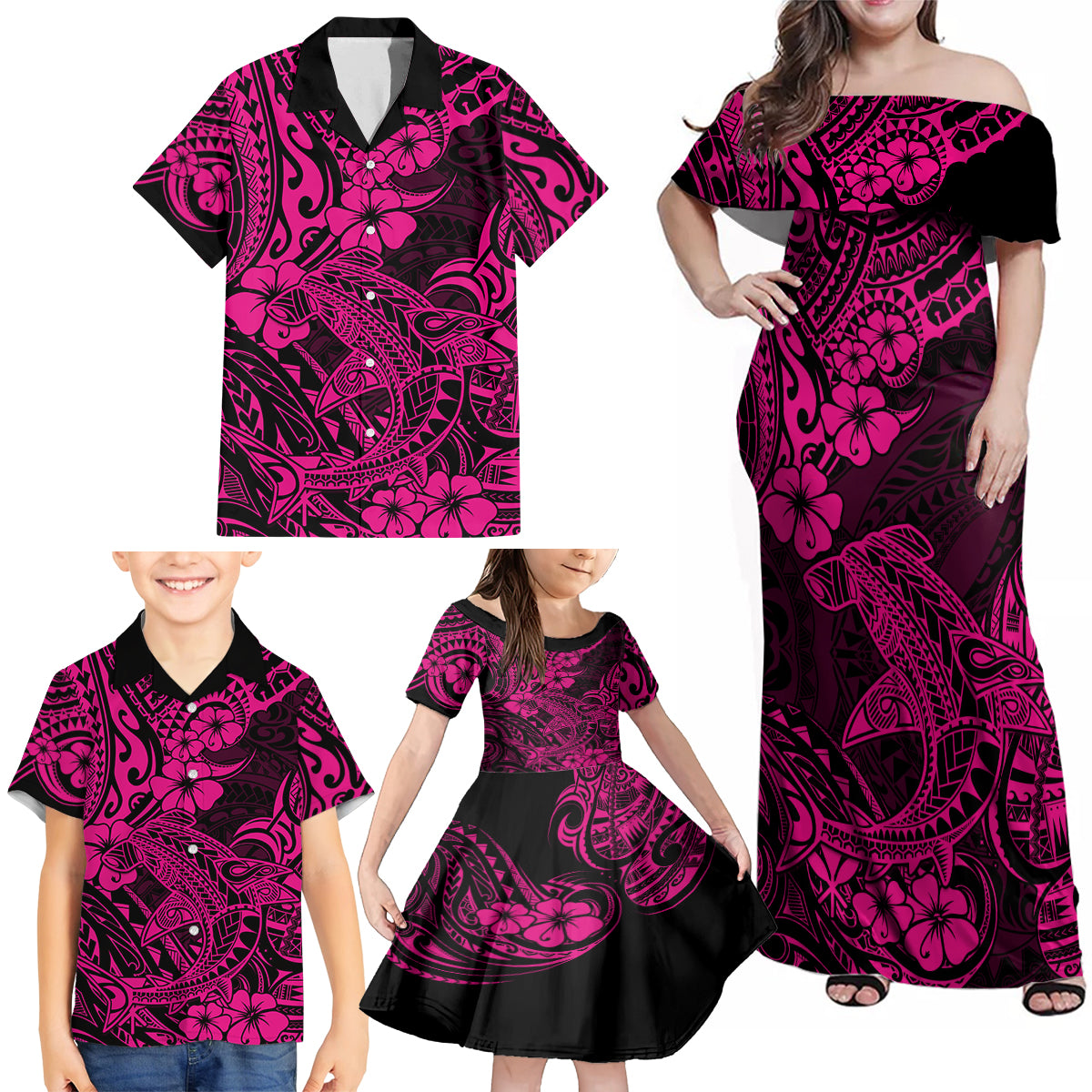 Hawaii Shark Family Matching Off Shoulder Maxi Dress and Hawaiian Shirt Polynesian Pattern Pink Version - Wonder Print Shop