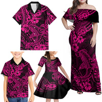 Hawaii Shark Family Matching Off Shoulder Maxi Dress and Hawaiian Shirt Polynesian Pattern Pink Version - Wonder Print Shop