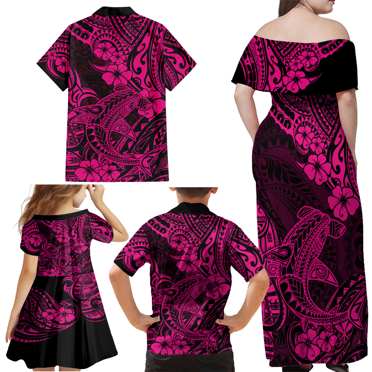 Hawaii Shark Family Matching Off Shoulder Maxi Dress and Hawaiian Shirt Polynesian Pattern Pink Version - Wonder Print Shop