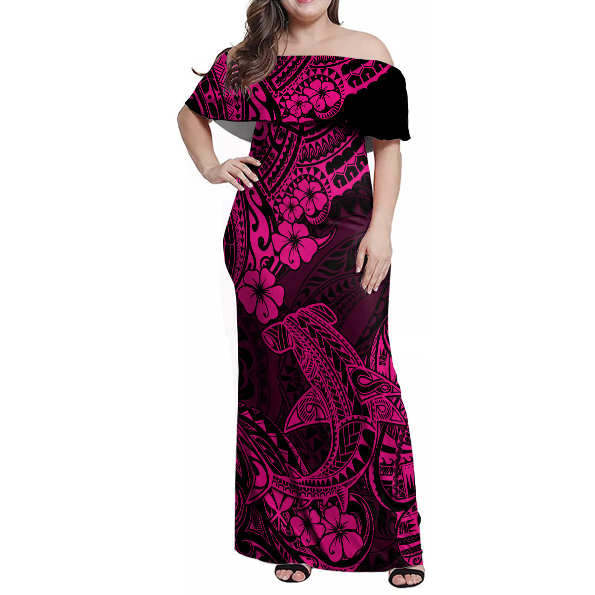 Hawaii Shark Family Matching Off Shoulder Maxi Dress and Hawaiian Shirt Polynesian Pattern Pink Version - Wonder Print Shop
