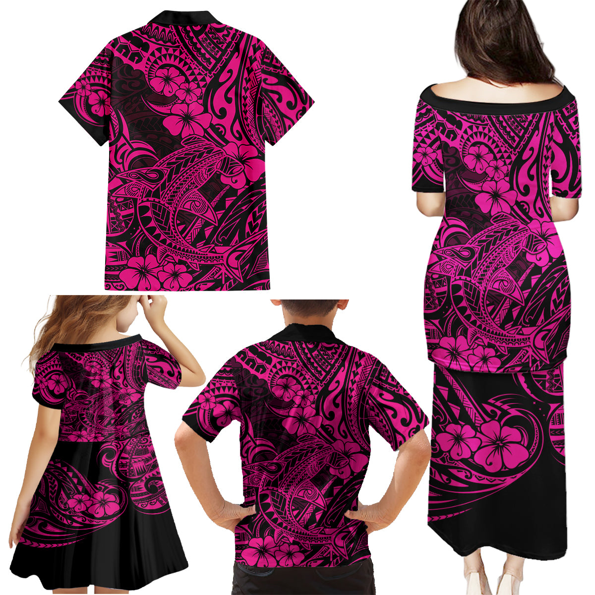 Hawaii Shark Family Matching Puletasi Dress and Hawaiian Shirt Polynesian Pattern Pink Version - Wonder Print Shop