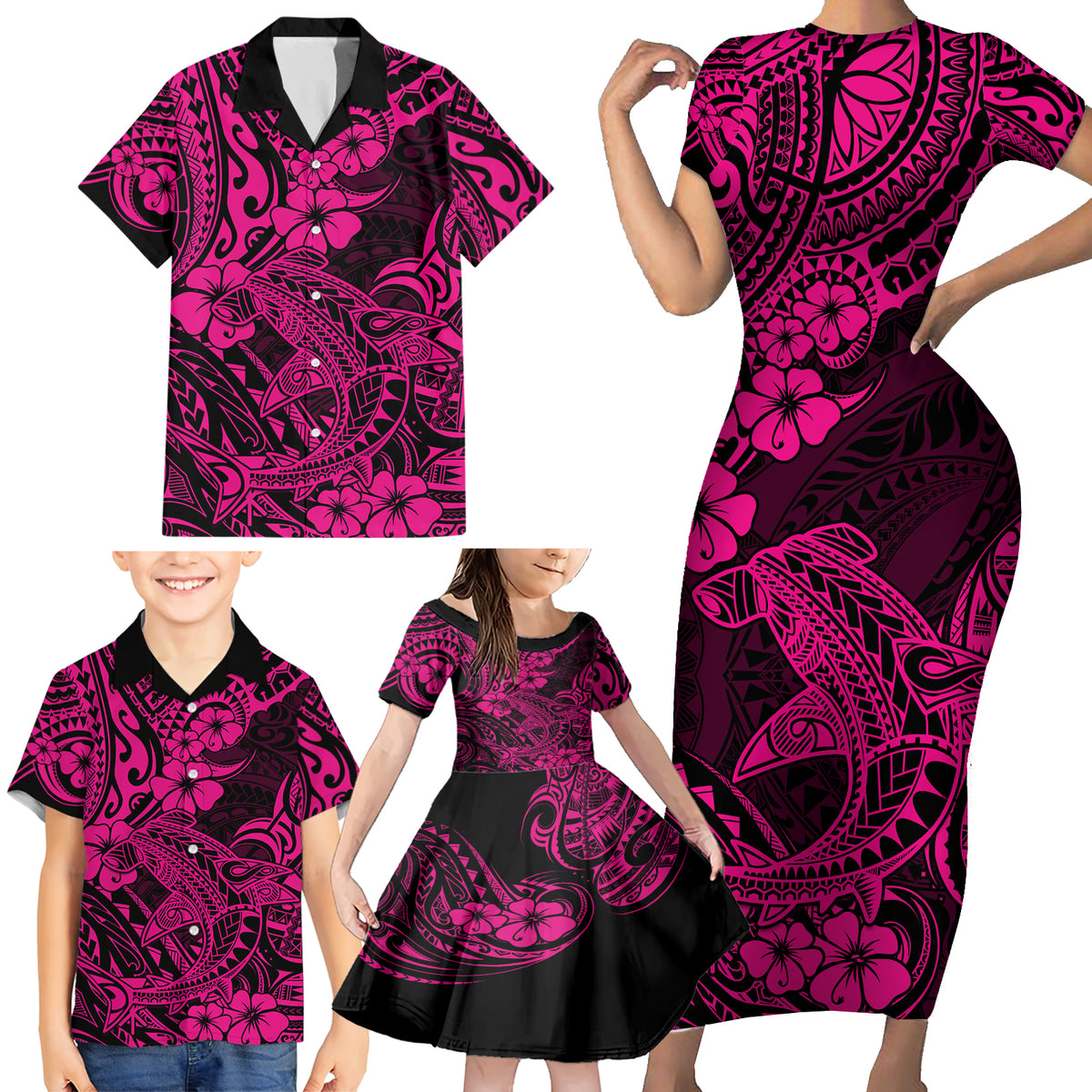 Hawaii Shark Family Matching Short Sleeve Bodycon Dress and Hawaiian Shirt Polynesian Pattern Pink Version - Wonder Print Shop