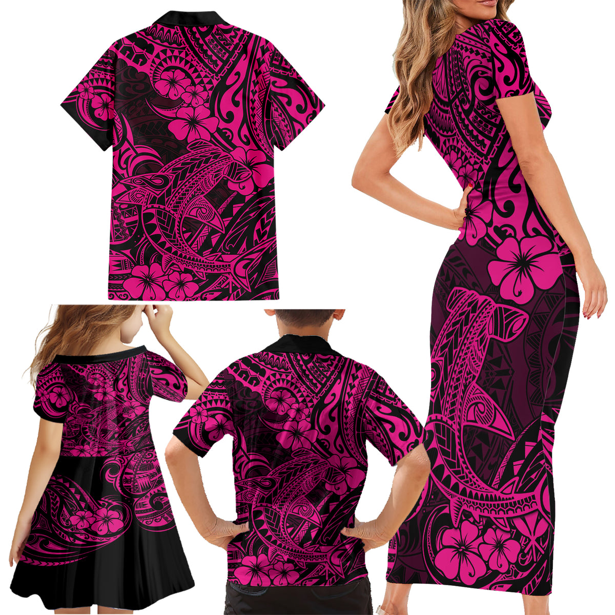 Hawaii Shark Family Matching Short Sleeve Bodycon Dress and Hawaiian Shirt Polynesian Pattern Pink Version - Wonder Print Shop