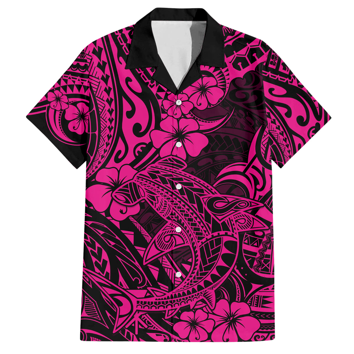 Hawaii Shark Family Matching Short Sleeve Bodycon Dress and Hawaiian Shirt Polynesian Pattern Pink Version - Wonder Print Shop