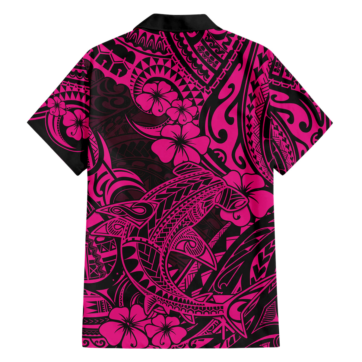 Hawaii Shark Family Matching Short Sleeve Bodycon Dress and Hawaiian Shirt Polynesian Pattern Pink Version - Wonder Print Shop