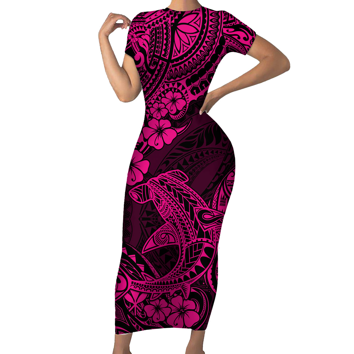 Hawaii Shark Family Matching Short Sleeve Bodycon Dress and Hawaiian Shirt Polynesian Pattern Pink Version - Wonder Print Shop